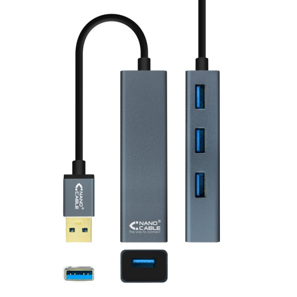 Nanocable hub usb 3.0 4 x usb 3.0 10cm. gris